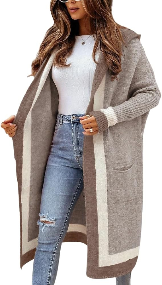 chouyatou Women's Color Block Vertical Striped Open Front Oversized Hooded Long Cardigan Sweaters... | Amazon (US)