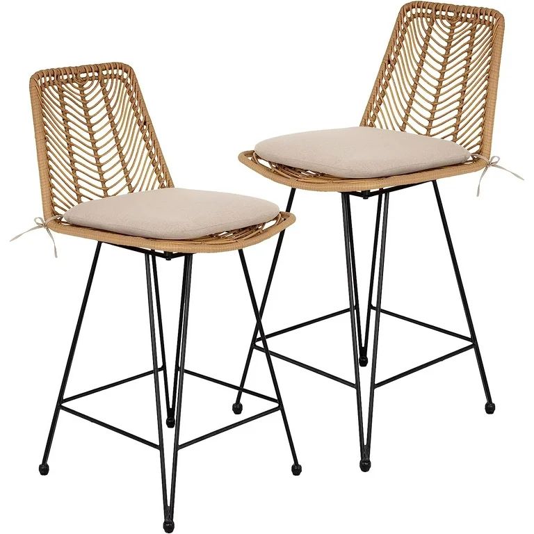 Terry Rattan Counter Height Bar Stools, 36.5 Inches Height, Set of 2 with Comfort Cushion - Premi... | Walmart (US)