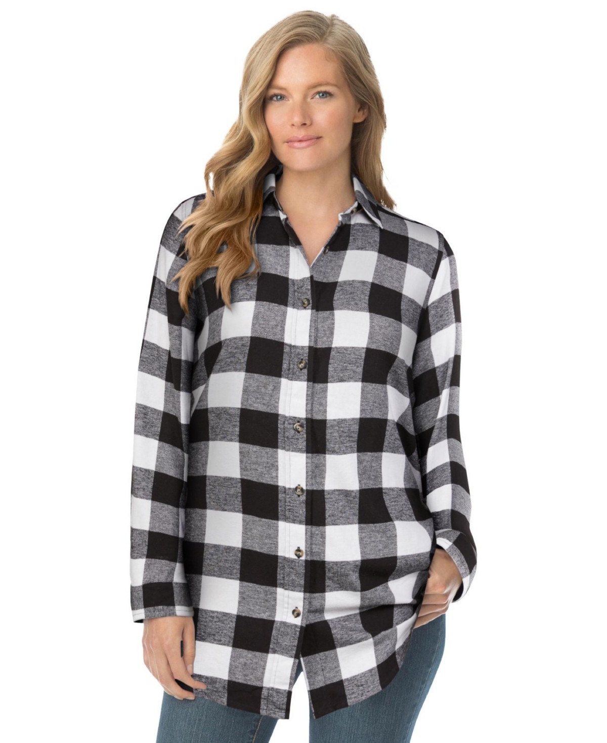 Woman Within Plus Size Classic Flannel Shirt - White buffalo plaid | Macy's