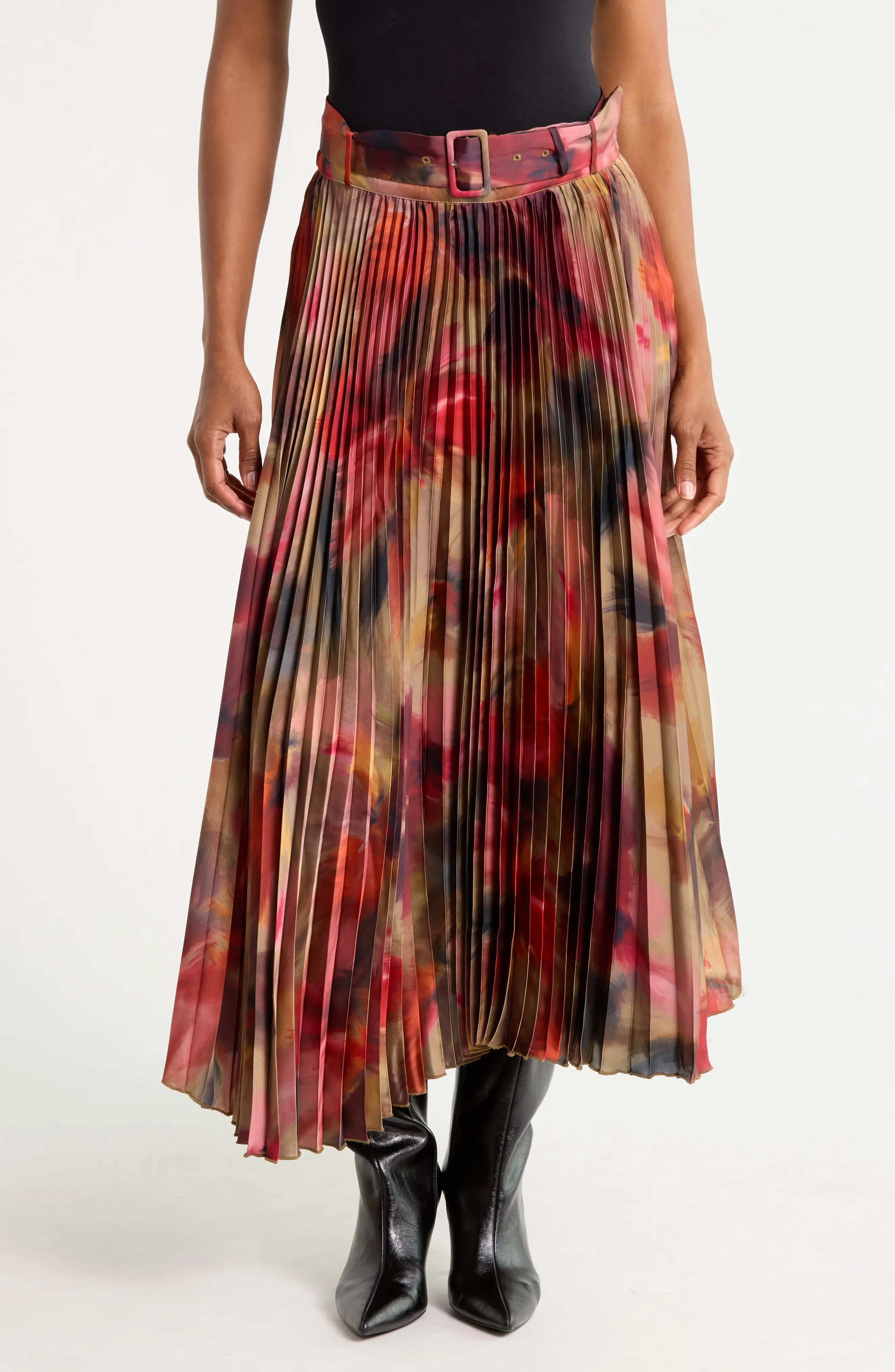 T Tahari Belted Pleated Midi Skirt in Autumn Haze Print at Nordstrom Rack, Size X-Small | Nordstrom Rack