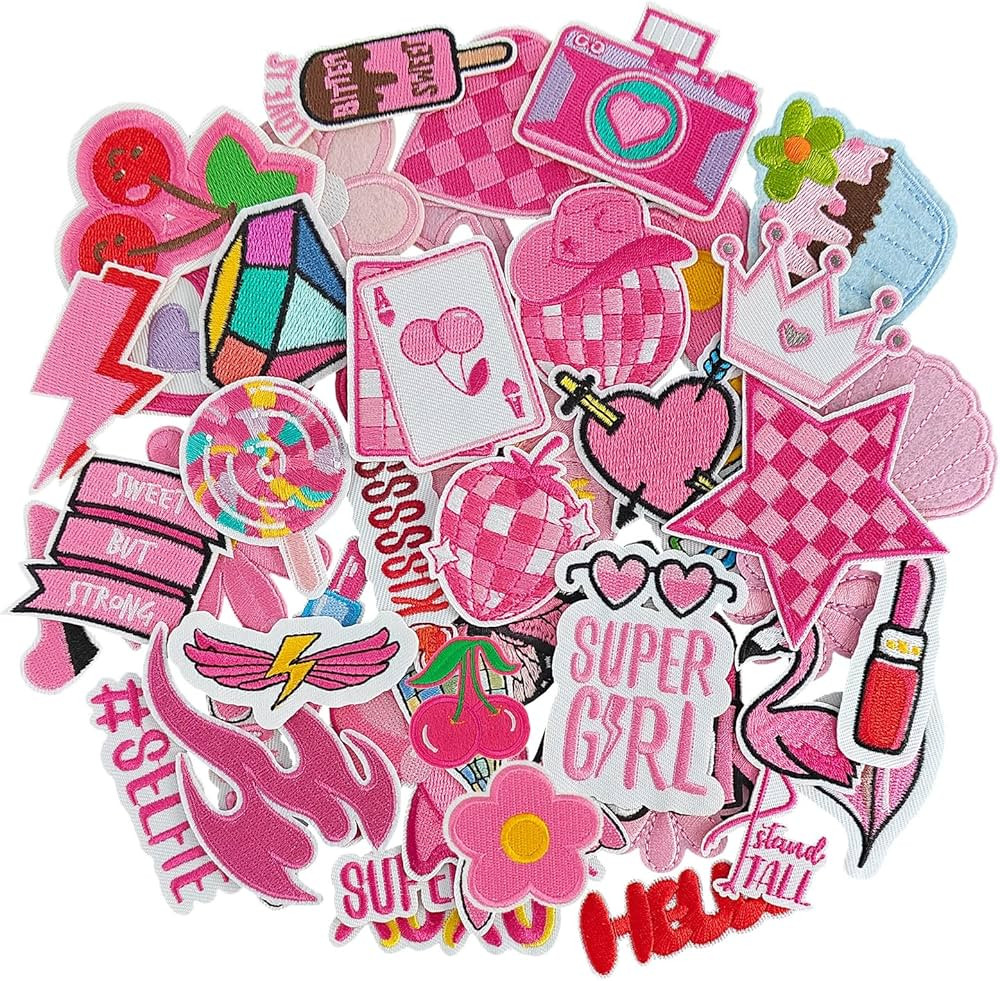 45Pcs Pink Iron on Patches for Girl, Preppy Iron on Sew on Embroidered Patches for Hats, Clothing... | Amazon (US)
