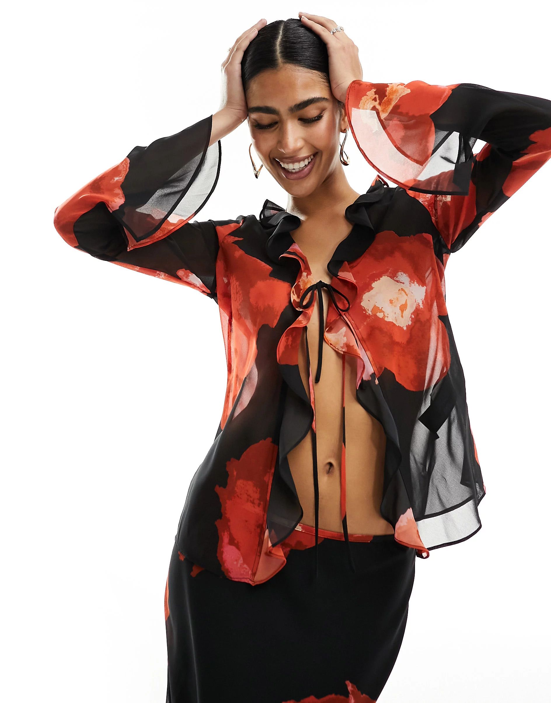 Forever New long sleeve sheer tie top co-ord in red floral | ASOS (Global)