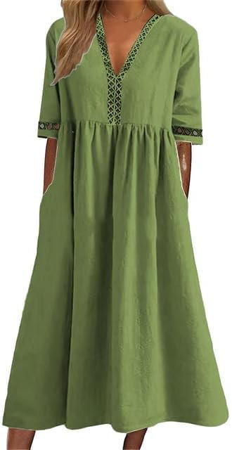 Women's Summer Midi Cotton Dress Casual V Neck Short Sleeve Dresses with Pockets | Amazon (US)