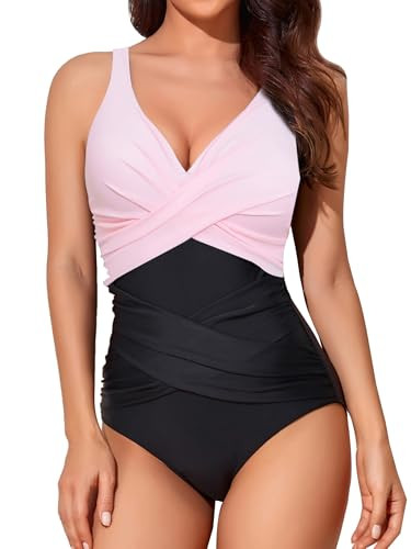 Smismivo Tummy Control Swimsuits for Women Slimming One Piece Bathing Suit Modest Padded Ruched Push Up Long Torso Curvy Shapewear V Neck Criss Cross Swimming Suits Full Coverage Swimwear (Pink Black) | Amazon (US)