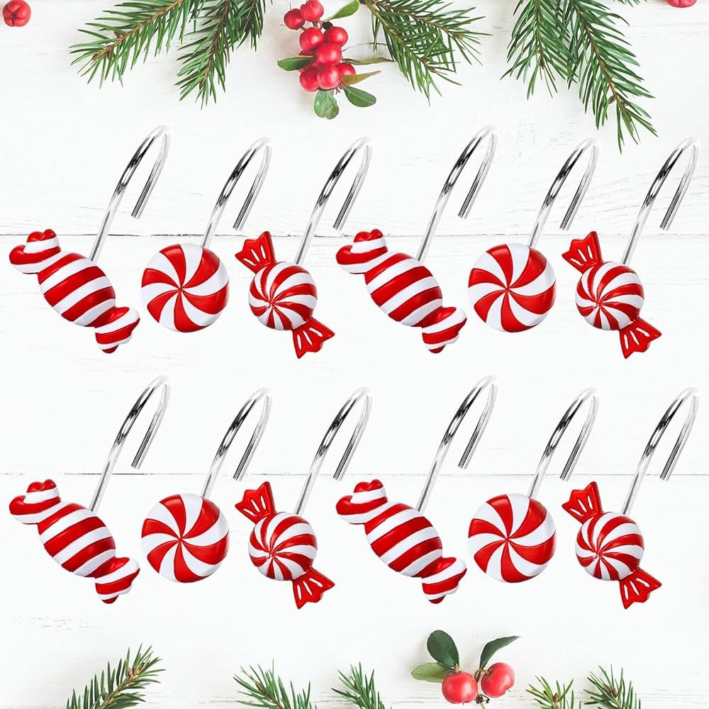 Whaline 12Pcs Christmas Shower Curtain Hooks 3 Styles Christmas Candy Curtain Hangers Hooks Red W... | Amazon (US)