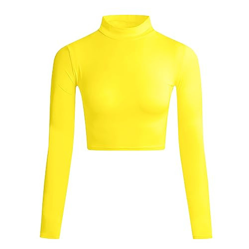 LONGBIDA Women's Long Sleeve Mock Neck Pure Soft Thin Sexy Stretch Crop TOP T Shirt(Yellow,2XL) | Amazon (US)