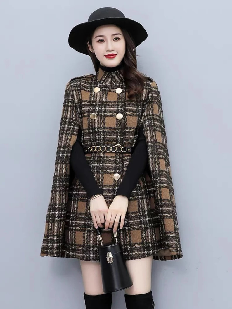 Curry Karierter Umhang Winter Cape Mantel Tweed Poncho - Etsy.de | Etsy (EU)