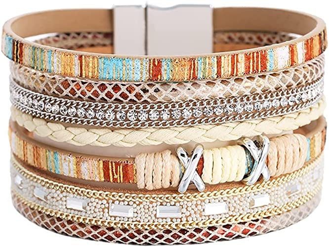 EunWow Leather Multilayer Bracelet Ladies Bracelet Women Magnetic Closure | Amazon (US)