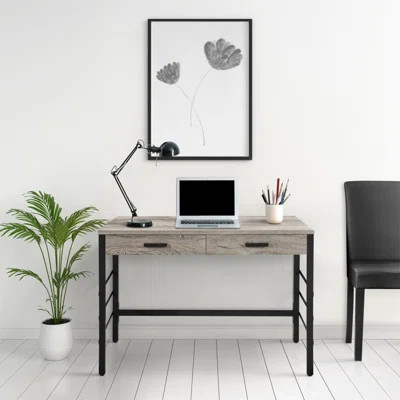 Light Weathered Oak And Black Writing Desk With 2 Drawers | Wayfair North America