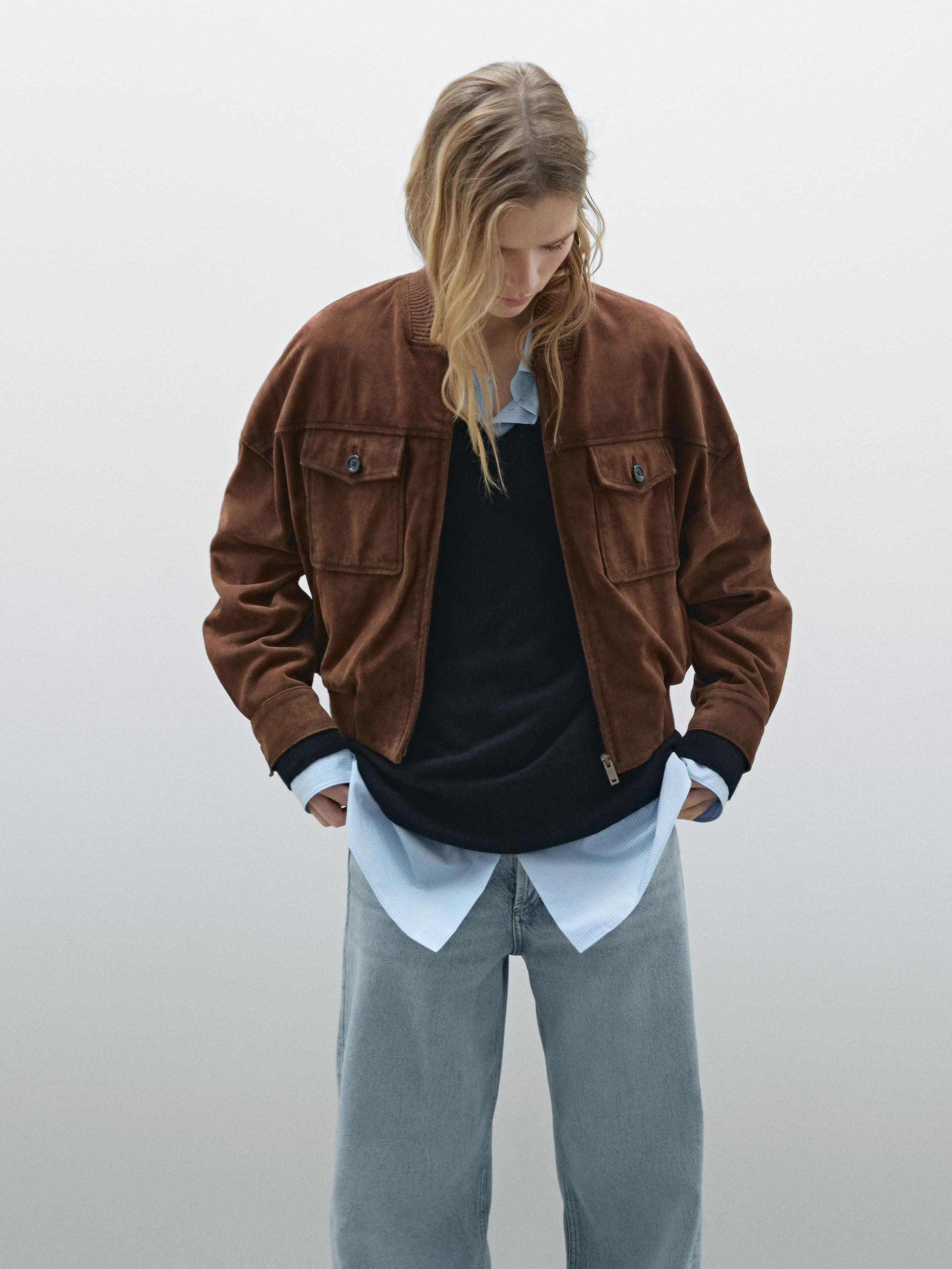 Jacket made of bovine leather with suede finish. Zip fastening. Two side pockets. Two buttoned fl... | Massimo Dutti US