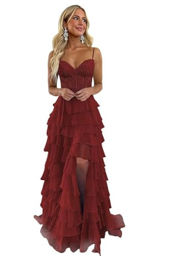 REIOKJT Lace Tiered Prom Dress Sweetheart Homecoming Dress with Slit Ruffle Chiffon Prom Dresses Wine Red US18W | Amazon (US)