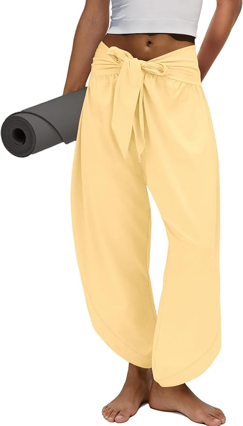 Panadila Women Barrel Wide Leg Yoga Pants Capri Workout Pants Tie Front Trousers Pilates Clothes ... | Amazon (US)