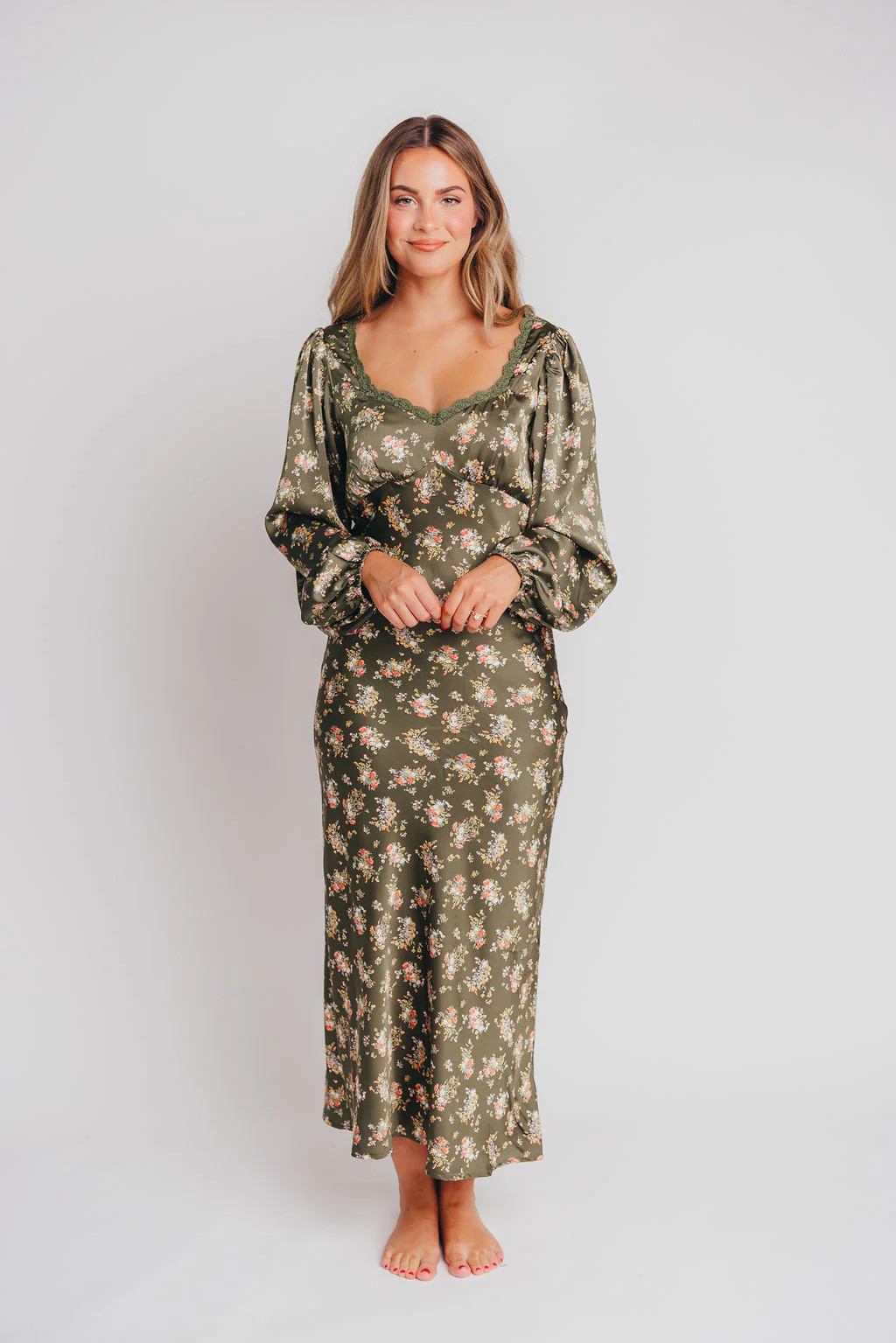 Lady Luck Satin Floral Dress with Sweetheart Neckline in Eucalyptus | Worth Collective
