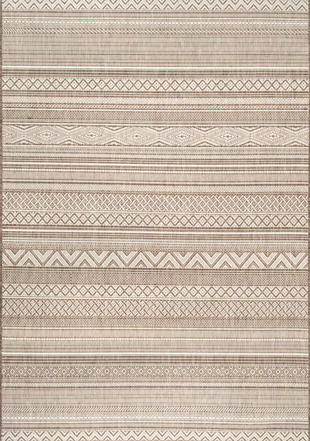 Taupe Indoor/Outdoor Tribal Bands 8' x 8' Area Rug | Rugs USA