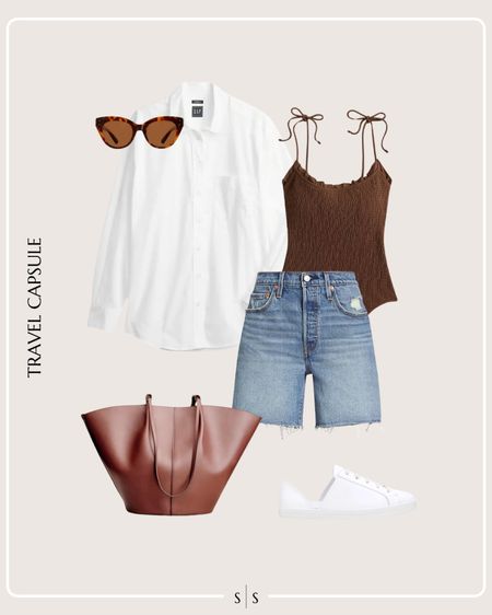 Summer Vacation Travel Capsule Wardrobe outfit idea | dark brown one piece swimsuit, white button up, denim shorts, leather tote bag, white sneakers, sunglasses 

See the entire Summer Vacation Travel Capsule Wardrobe on thesarahstories.com ✨ 


#LTKStyleTip