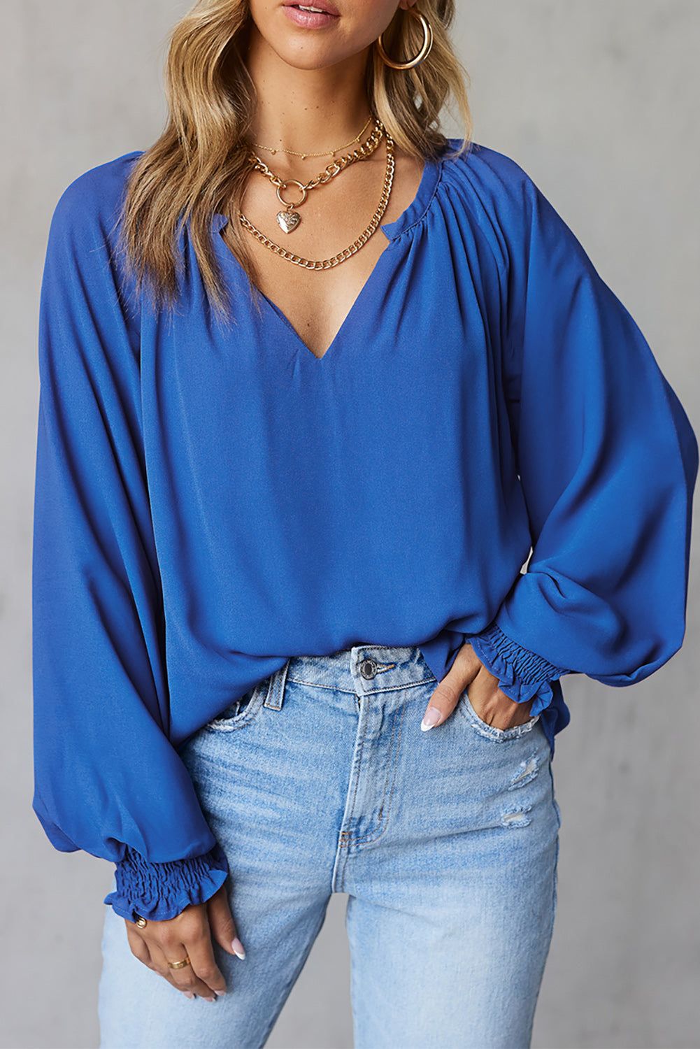 Blue Pleated V Neck Puffy Sleeve Blouse | Evaless