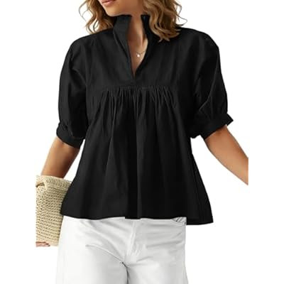 MAOECO Women's Puff Short Sleeve Babydoll Blouse Stand Collar V Neck Flowy Relaxed F… | Amazon (US)