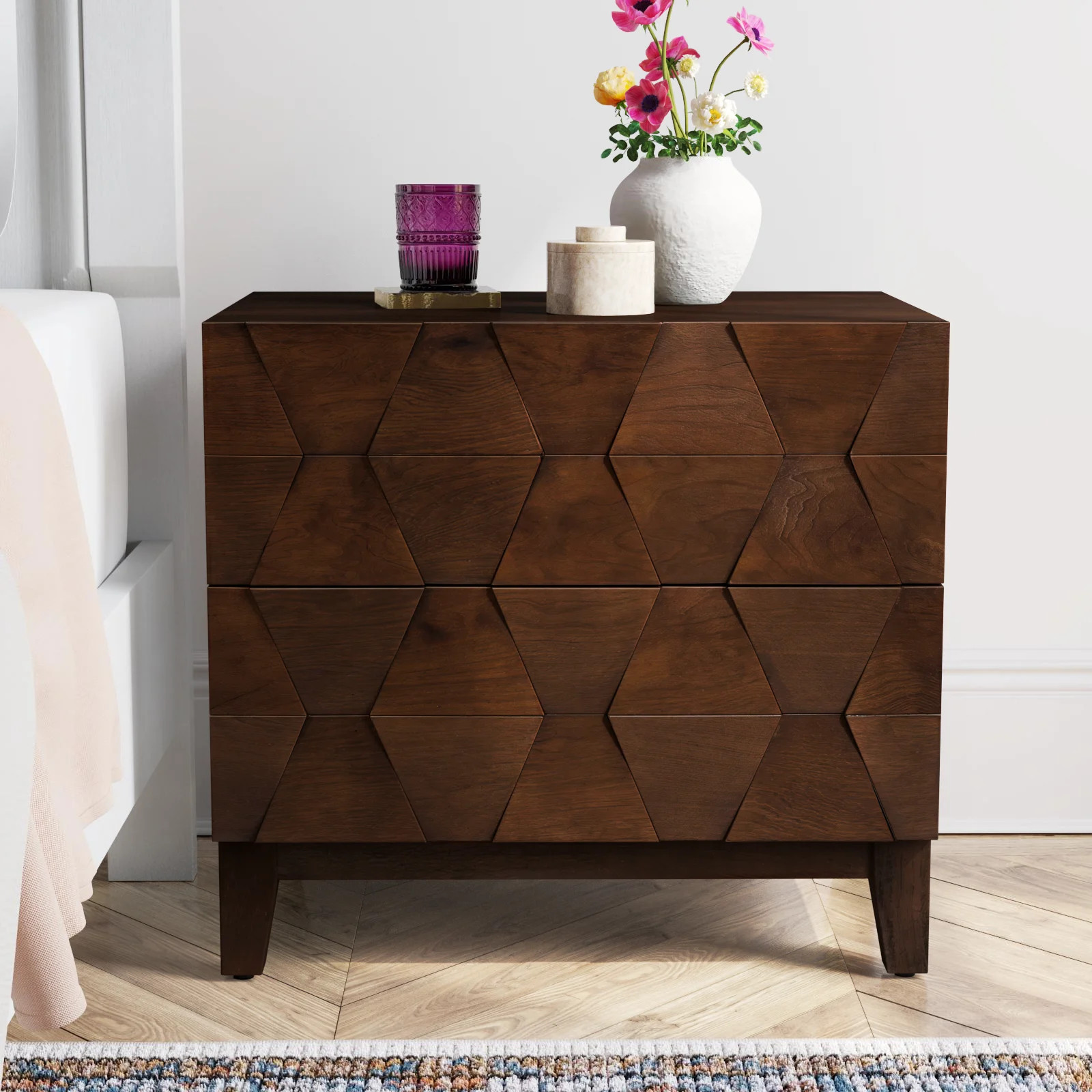 Sara Midcentury Modern 26''W 2-Drawer Nightstand with Charging Station and Solid Wood Legs | Wayfair North America
