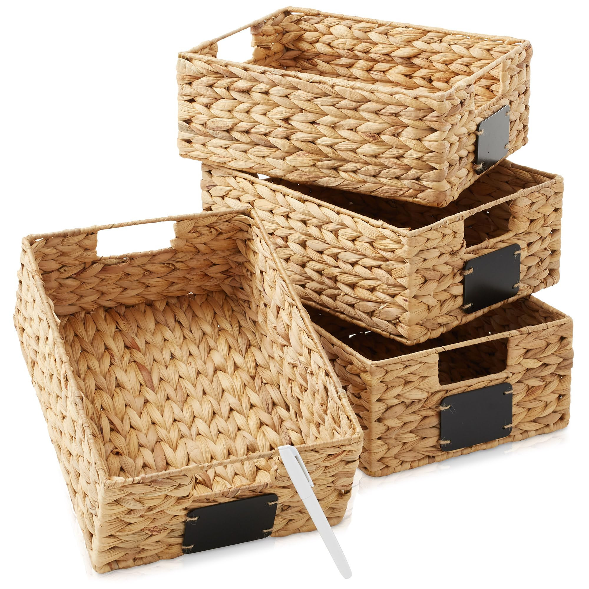 Casafield Set of 4 Water Hyacinth Pantry Baskets, 10" x 13" x 5", with Chalkboard Labels and Chal... | Amazon (US)