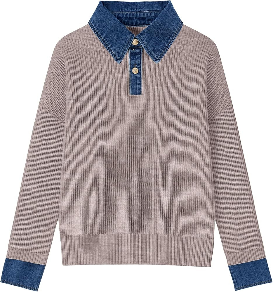 Women’s Sweaters Long Sleeve Denim Lapel V Neck Buttons Closure Pullover Tops Casual Winter Pol... | Amazon (US)