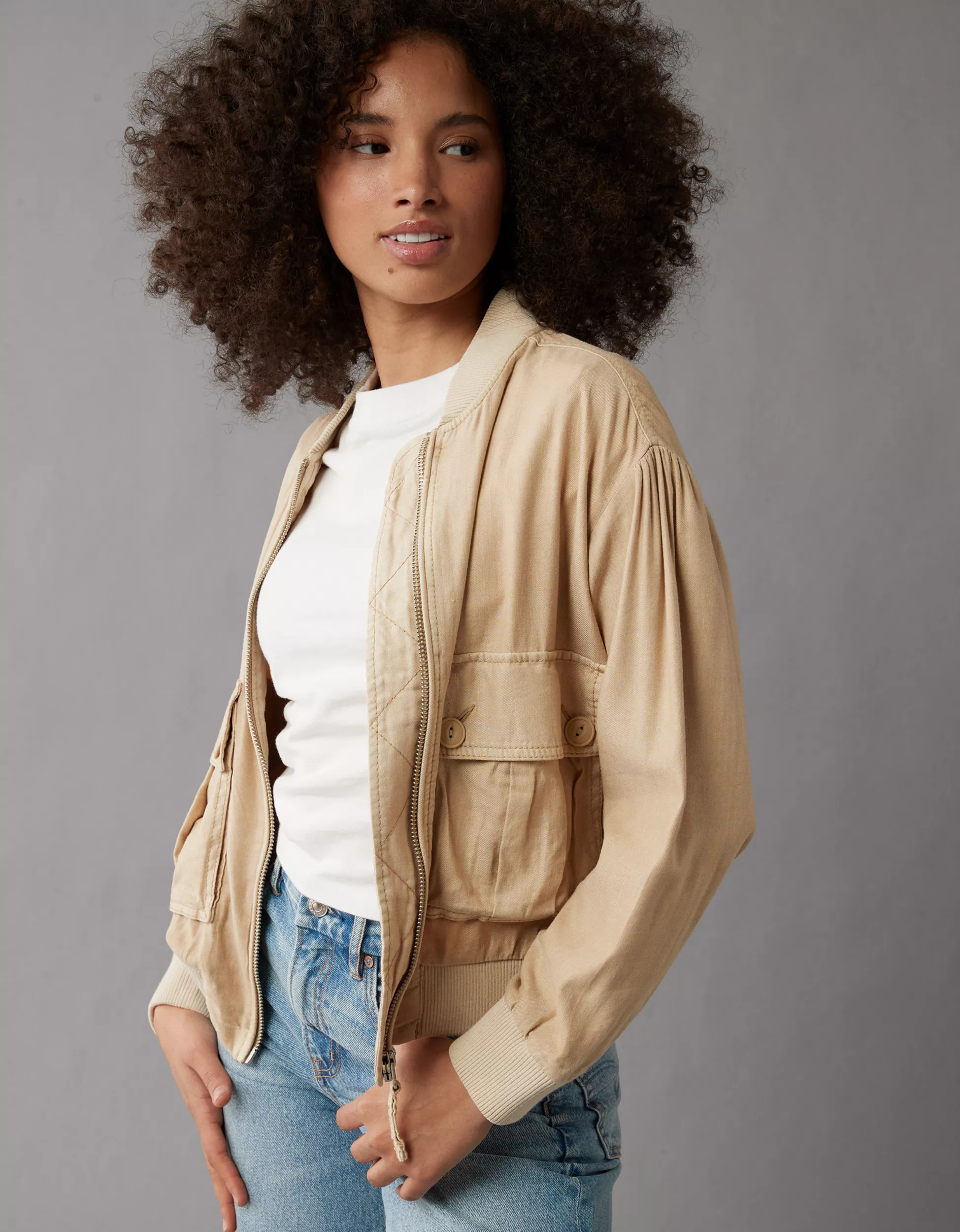 AE Linen-Blend Cropped Bomber Jacket | American Eagle Outfitters (US & CA)