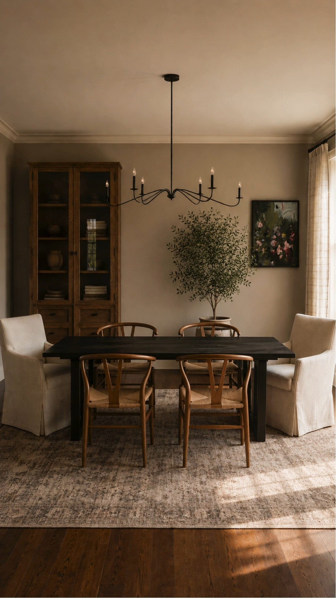 The soft sunlight, warm layered neutrals, and classic furnishings make this dining room feel both elevated and approachable. I love how the oversized chandelier, warm wood tones, and collected styling create a space that feels timeless without feeling overly formal.

warm transitional dining room, neutral dining room decor, dark wood dining table styling, cozy elegant interiors, collected home decor, designer inspired dining room, layered neutral textures, warm ambient home, sophisticated dining room inspiration, timeless traditional decor, cozy hosting space, elevated everyday interiors, classic dining room design, gathered home aesthetic, warm wood furniture styling, elegant neutral home, moody transitional interiors, cozy dining area inspiration, heritage inspired decor, warm collected interiors 

 #LTKHome