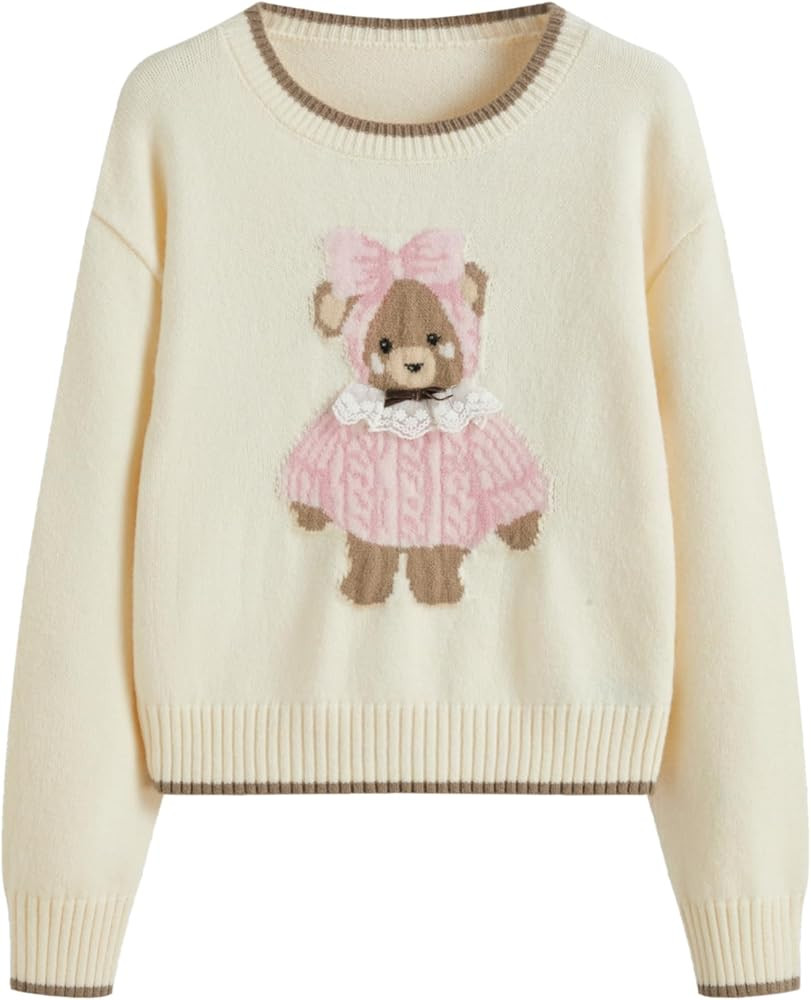CIDER Women's Fall Sweaters Long Sleeve Cute Sweaters Bear Graphic Crewneck Soft Knit Casual Crop... | Amazon (US)