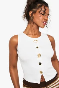 Tops | Rib Gold Button Embellished Tank Top | boohoo | Boohoo.com (UK & IE)