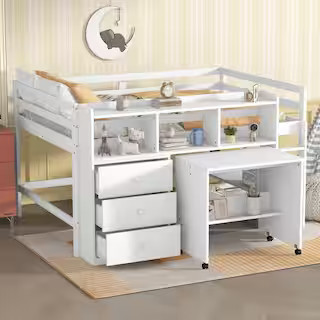 White Full Low Loft Bed with Rolling Portable Desk, Drawers and Shelves | The Home Depot