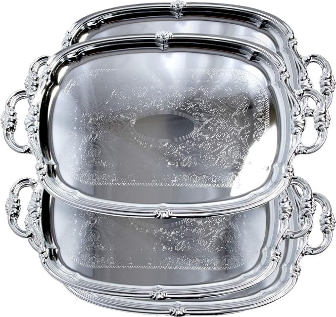 (Pack of 4) 21-Inch x 13.5-Inch Elegant Victoria Floral Engraved with Handle Serving Tray Silver ... | Amazon (US)