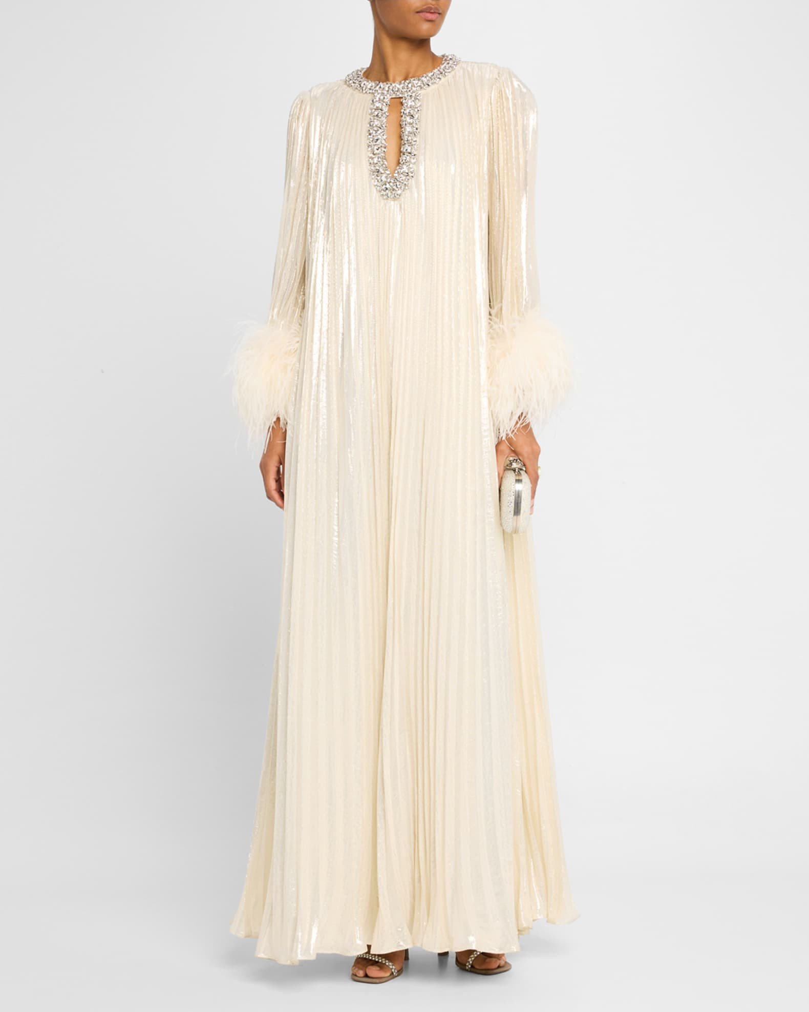Pleated Metallic Feather-Cuff Maxi Dress | Neiman Marcus