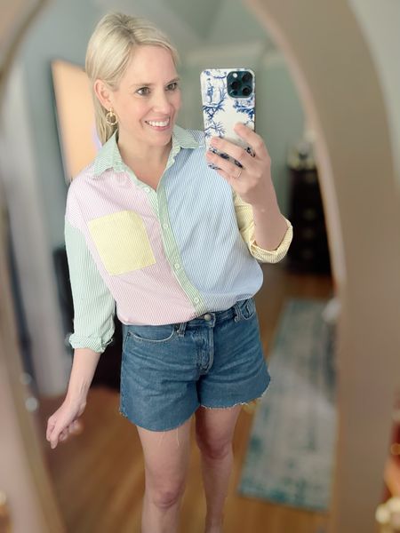 Colorblock buttondosn, 90s baggy mid ride denim shorts, gold jewelry, flat sandals, mom outfits, weekend outfits, size 4 shorts, small top 

#LTKFindsUnder50 #LTKOver40 #LTKFindsUnder100