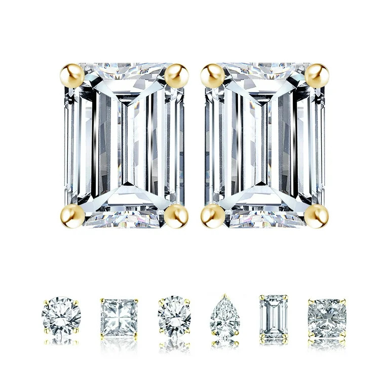 JeenMata Minimalist 2 Carat Emerald Cut Moissanite Solitaire Stud Earrings in 18k Yellow Gold Pla... | Walmart (US)