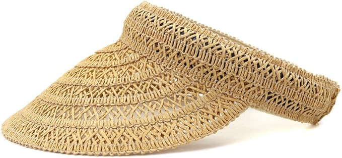 Womens Summer Straw Sun Visor Wide Brim Straw Beach Hats Hand Woven Outdoor Sunshade Caps | Amazon (US)