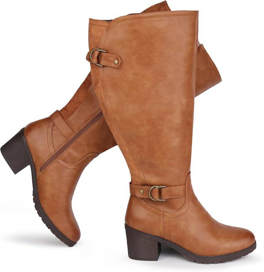 Damen-Reitstiefel mit weitem Schaft und kniehohem Absatz, seitlichem Reißverschluss und Blockabs... | Amazon (DE)