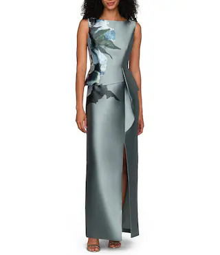 Kay Unger Eden Boat Neck Sleeveless Floral Placement Print Ruffle Peplum Mikado Column Gown - 6 | Dillard's