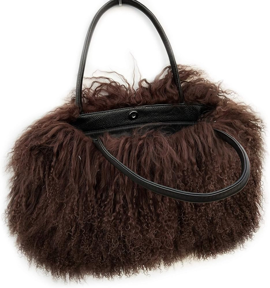 Women Luxury Real Lamb Mongolian Flush Wool Fur With Genuine Leather Handles Handbag | Amazon (US)