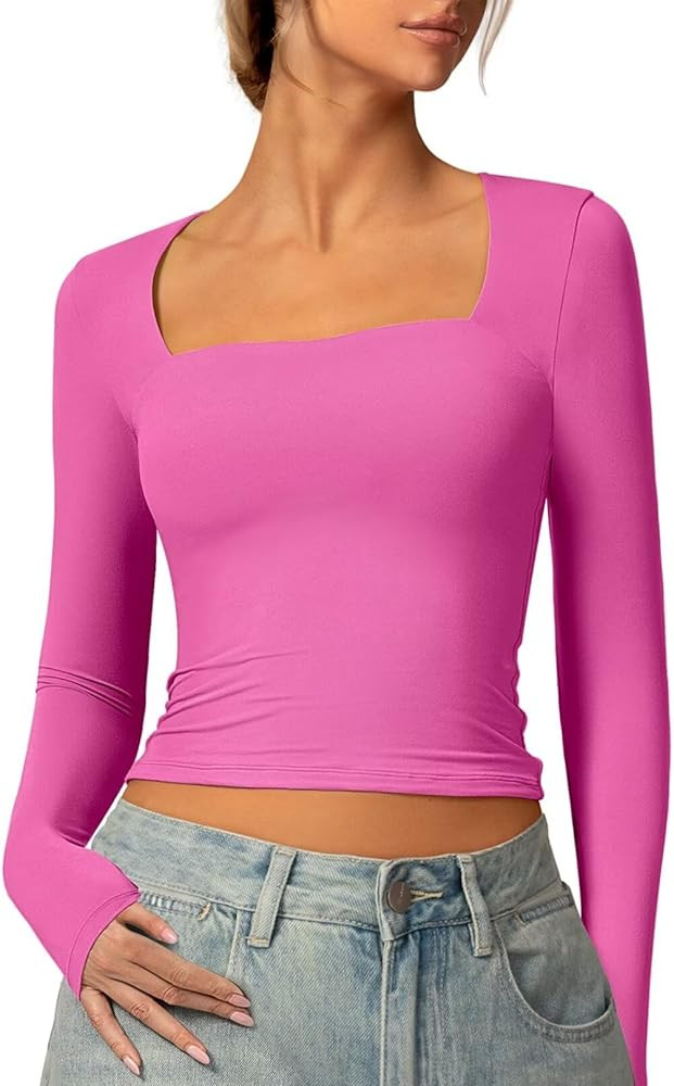 Vertvie Square Neck Tops for Women Long Sleeve Double Lined Tight Shirts Slim Fitted Basic Tee So... | Amazon (US)