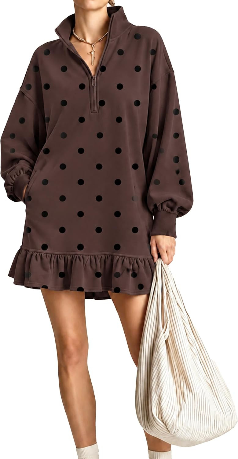 Ailoqing Womens Sweatshirt Half Zip Ruffle Mini Dress | Amazon (US)