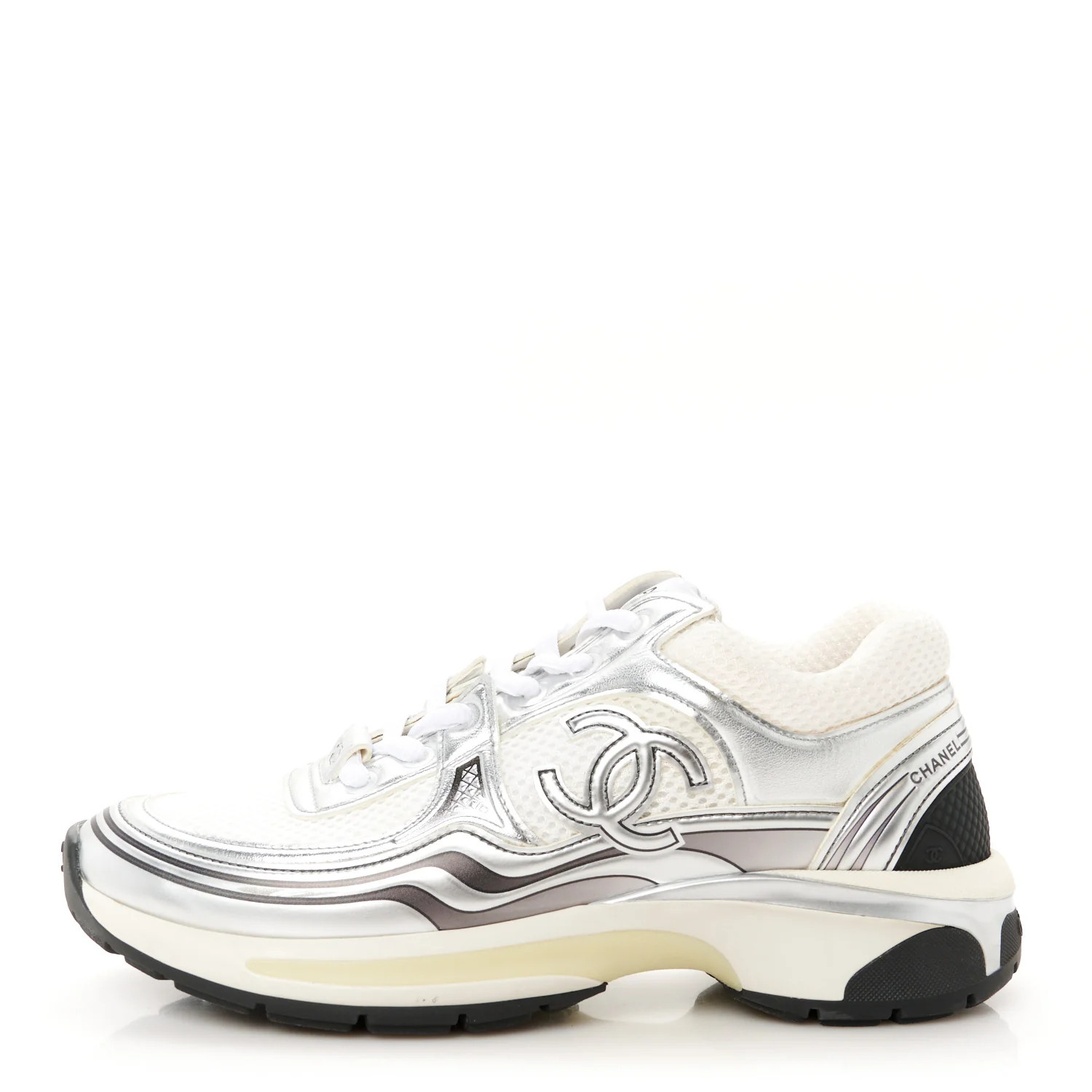 Fabric Laminated Calfskin Stretch CC Womens Sneakers 37 White Silver | FASHIONPHILE (US)
