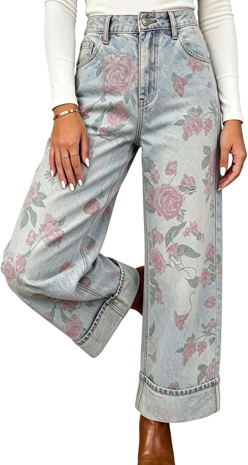 Women Floral Print Denim Wide Leg Pants Y2k Cuffed Hem Cropped Baggy Jeans | Amazon (US)