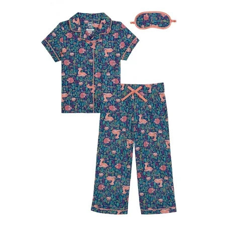 Wonder Nation Girls Button Front Short Sleeve Top & Pant Pajama Set with an Eyemask, 3-Piece, Sizes 4-18 & Plus | Walmart (US)
