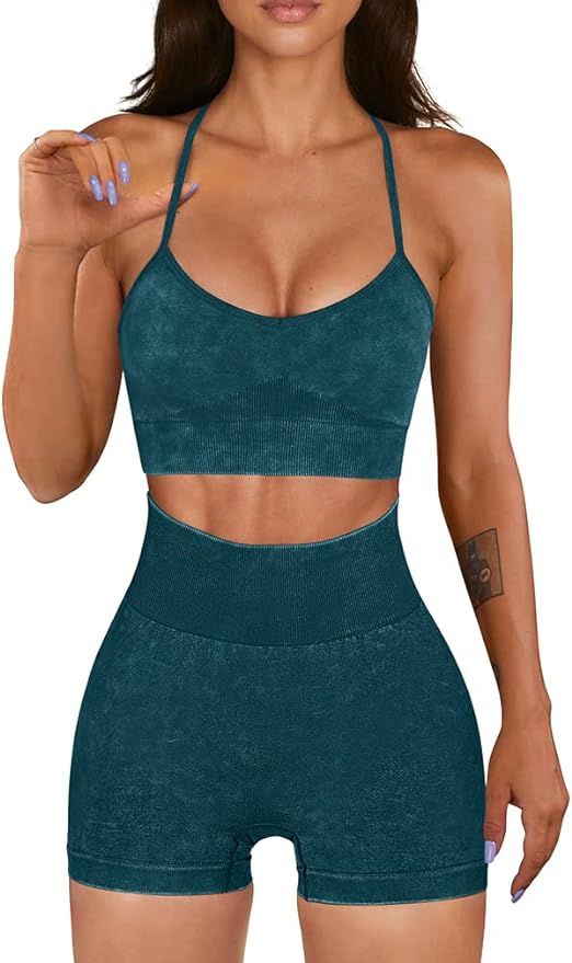 OQQ Workout Outfit for Women 2 Piece Seamless Acid Wash High Waist Shorts With Sports Bra Exercis... | Amazon (US)