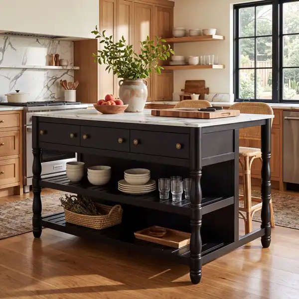 Christopher Knight Home - Vintage Wood Kitchen Island with Faux Marble Top, Storage Drawers & Tur... | Bed Bath & Beyond