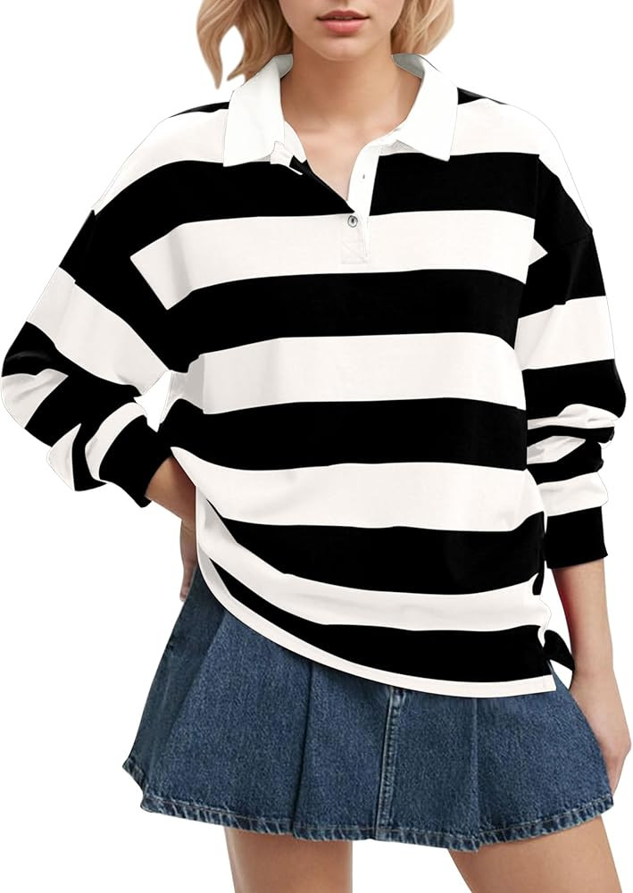 Women Long Sleeve Striped Polo Shirt Oversized Collar Y2k Pullover T Shirt Casual Loose Streetwea... | Amazon (US)