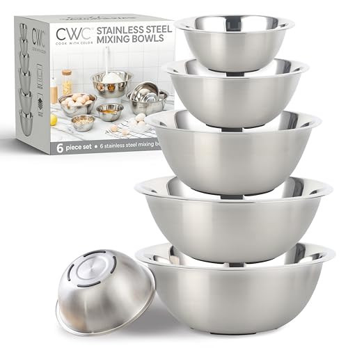 COOK WITH COLOR Stainless Steel Mixing Bowls Set - Nesting Bowls, 6 Pieces, Silver with Non Slip Bottom | Amazon (US)