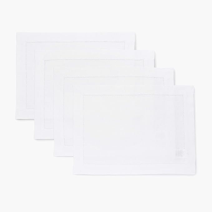 Solino Home Linen Placemats 14 x 19 Inch – Classic Hemstitch White Placemats Set of 4 – 100% ... | Amazon (US)