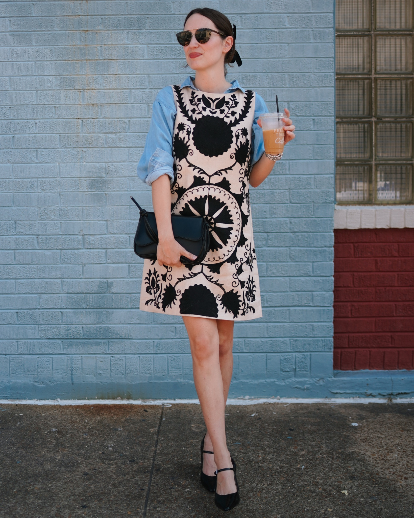 Dillards embroidered shift dress - black and cream embroidered mini dress paired with Marc fisher Mary Jane’s and a chambray button down shirt 

#LTKStyleTip #LTKShoeCrush #LTKSeasonal