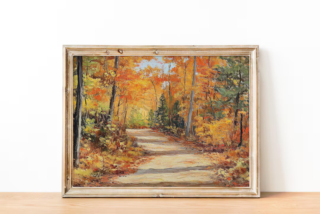 Fall Forest Path Wall Art, Autumn Landscape Painting Print, Vintage Woodland Decor, Rustic Harves... | Etsy (US)