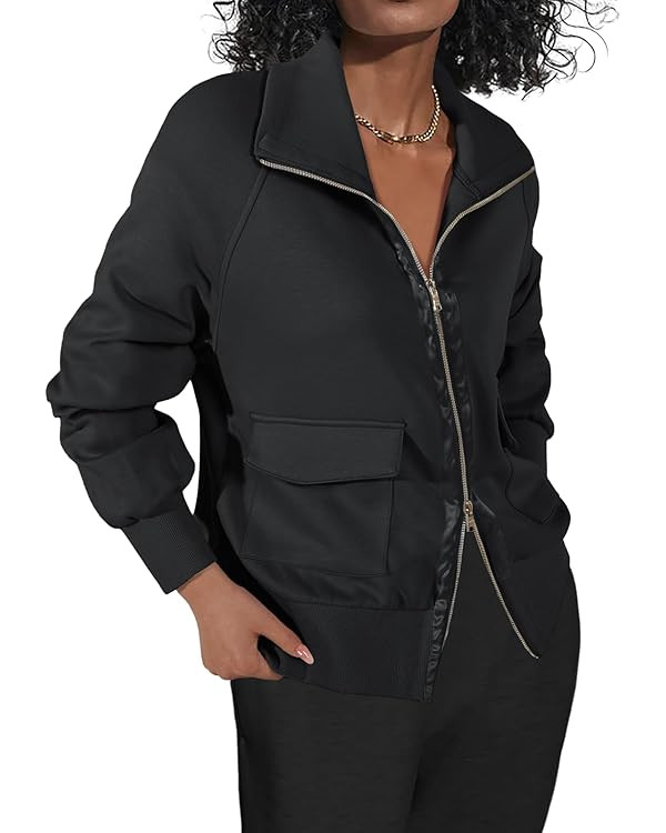 Fisoew Women's Zip up Sweatshirt Collared Neck Long Sleeve Loose Casual Lightweight Jacket with P... | Amazon (US)